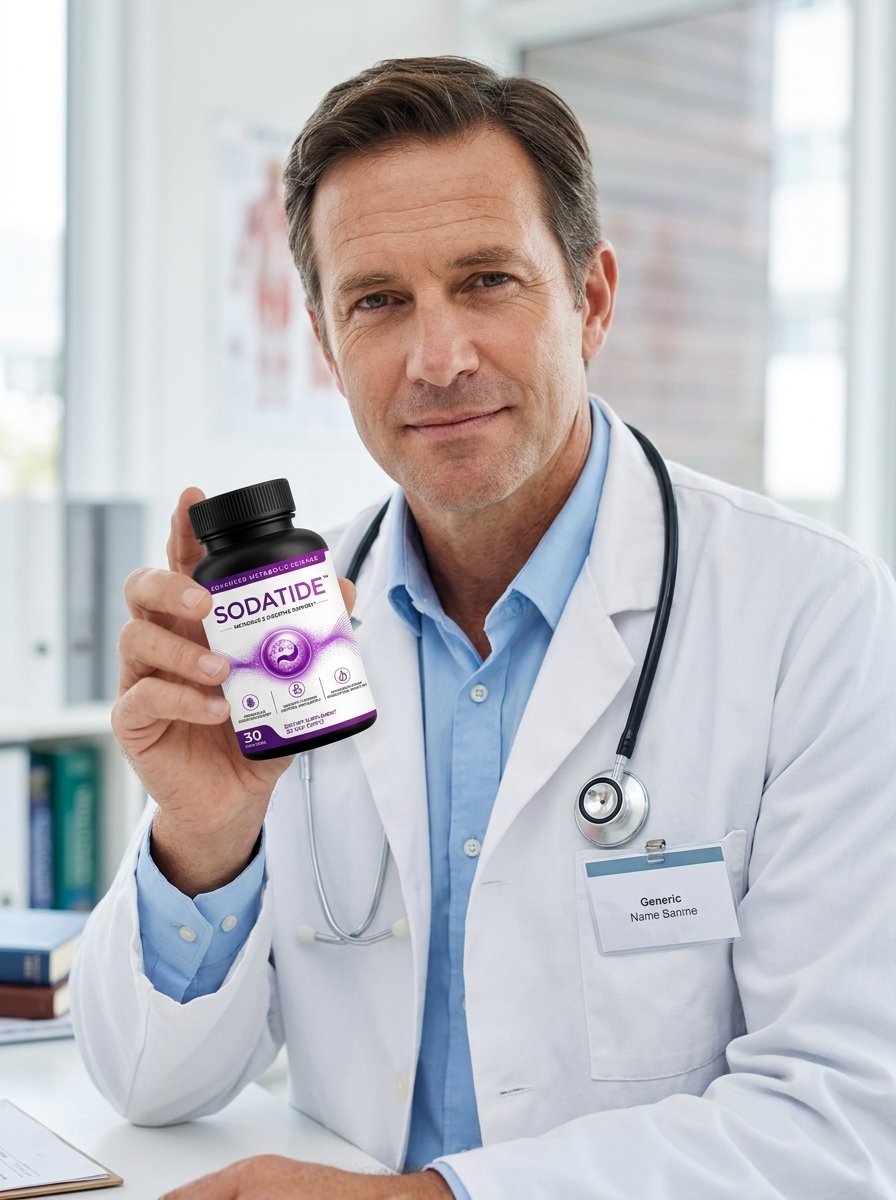 Physician holding a bottle of SodaTide metabolic and digestive support capsules