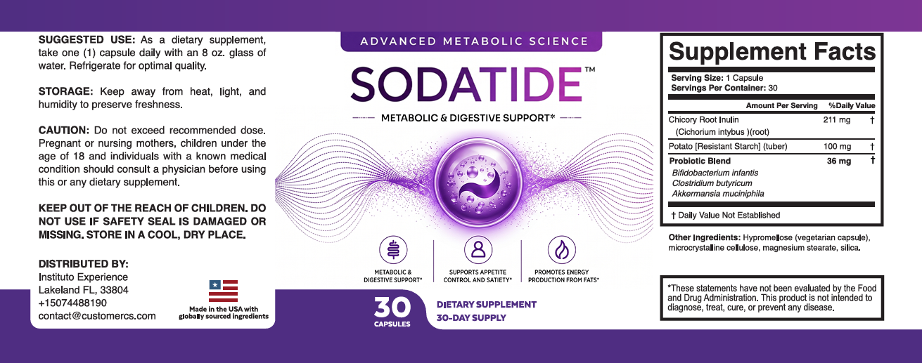 SodaTide synbiotic gut-support capsule bottle with quality badges